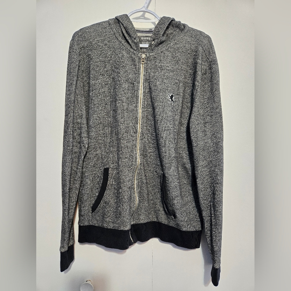Express Women's Y2K Heather‎ Gray Hooded Zip-Up - Size Large